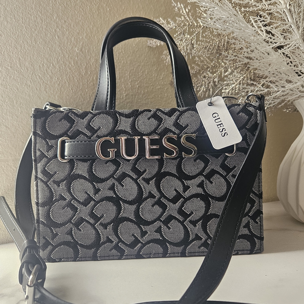 GUESS Monogram Black and Gray Mini Tote Crossbody Bag - NWT